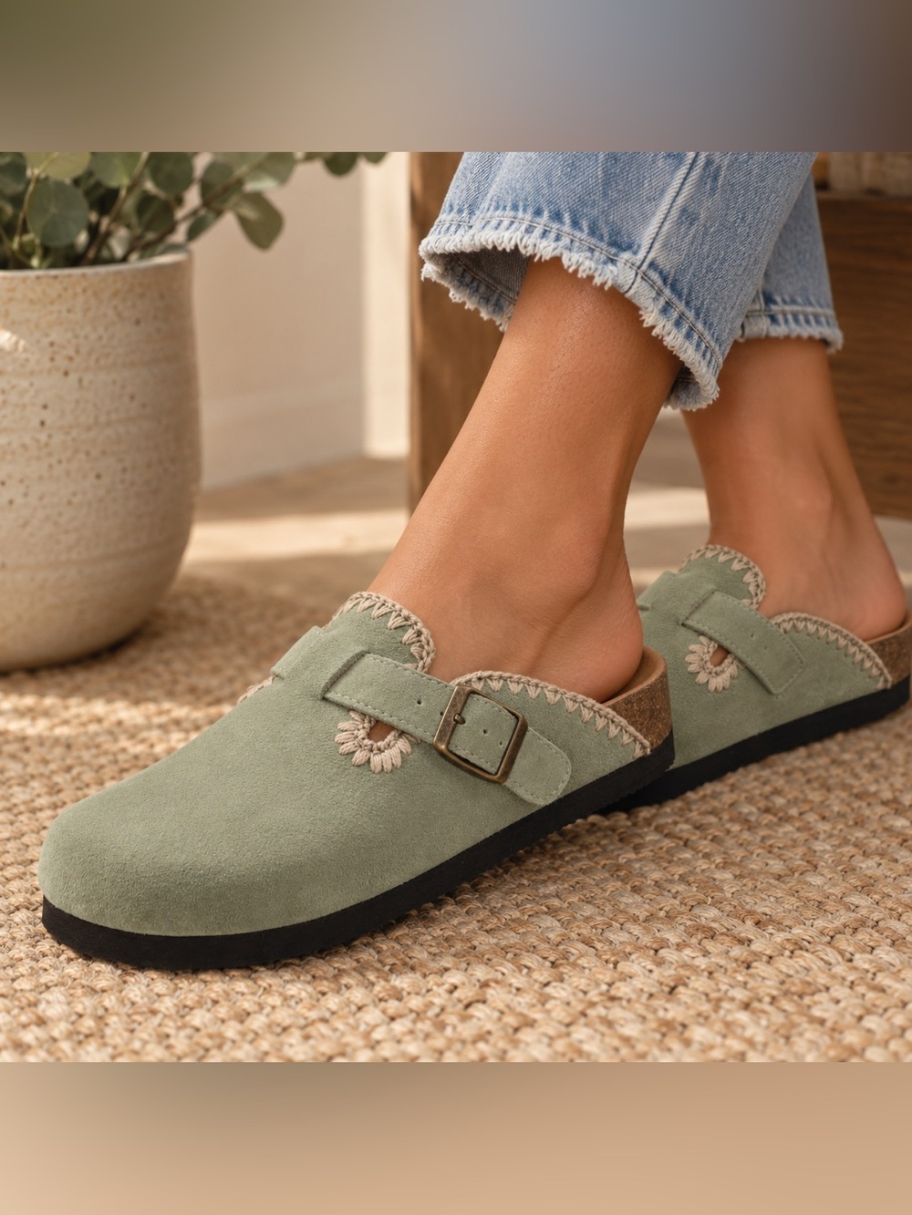 White Mountain Sage Green Bendees Suede-Look Slip-On Buckle Mules